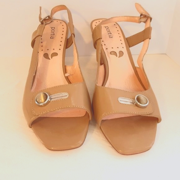 Portia Tan Patent Leather Sling Back Sandals Heels | 8 - Picture 4 of 12